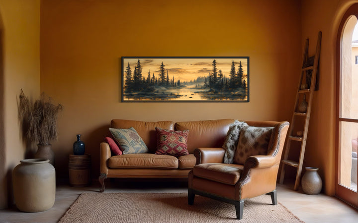 Rustic Pine Tree Forest Painted On Wood Panoramic Canvas Wall Art in a living room filled with furniture