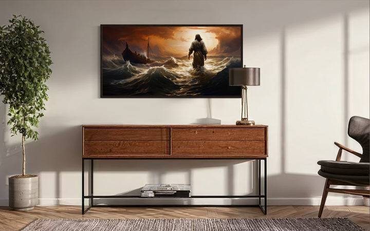 Jesus Walking On Water In Storm Modern Christian Framed Canvas Wall Art in living room