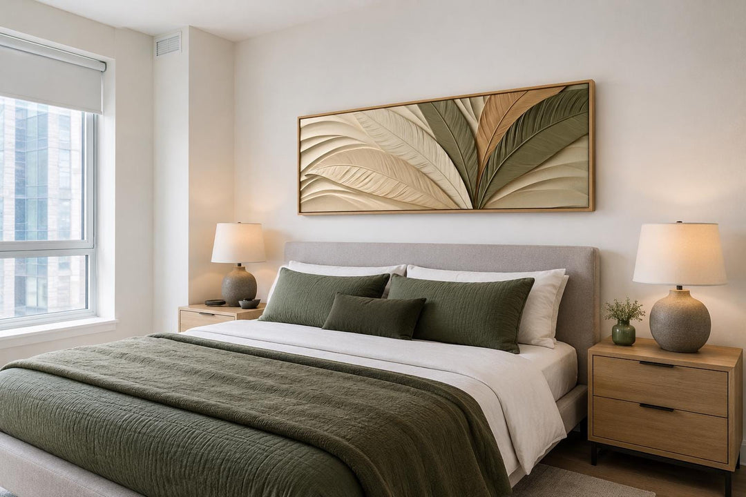 Sculptural Palm Leaf Canvas Print in Warm Cream, Olive, and Tan Tones Above Bed Decor