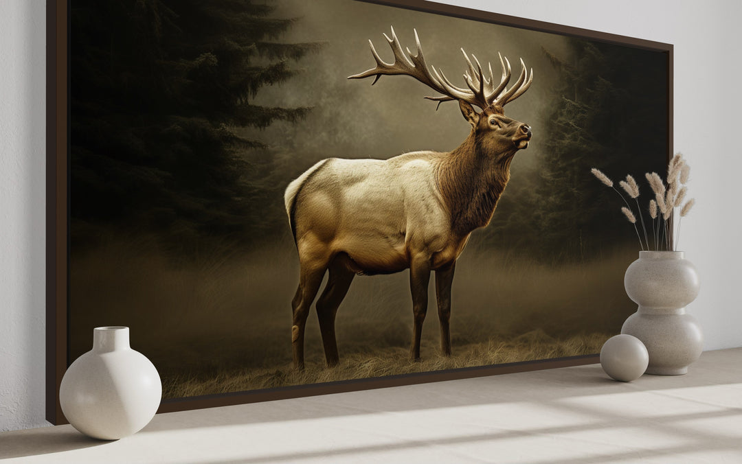 Elk In Dark Foggy Forest Framed Canvas Wall Art For Cabin Decor side view