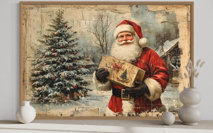 Vintage Santa With Christmas Tree and Gifts Framed Canvas Wall Art