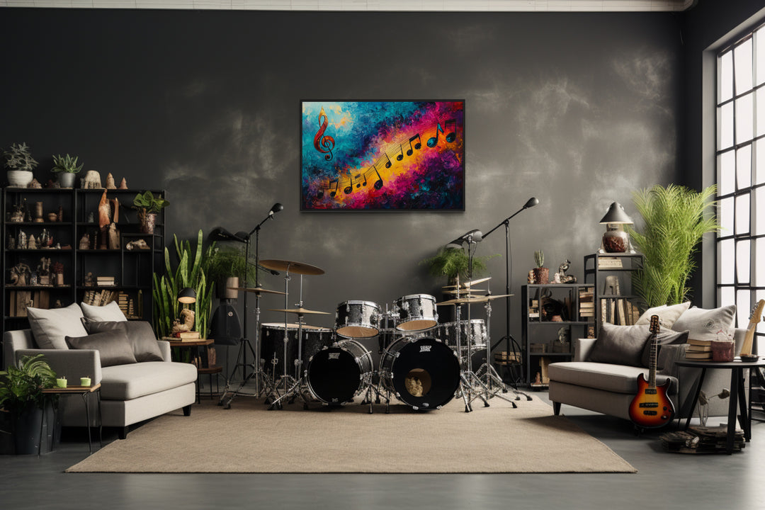 Trippy Colorful Music Notes Abstract Paining Framed Canvas Wall Art in a living room filled with furniture and a drum set