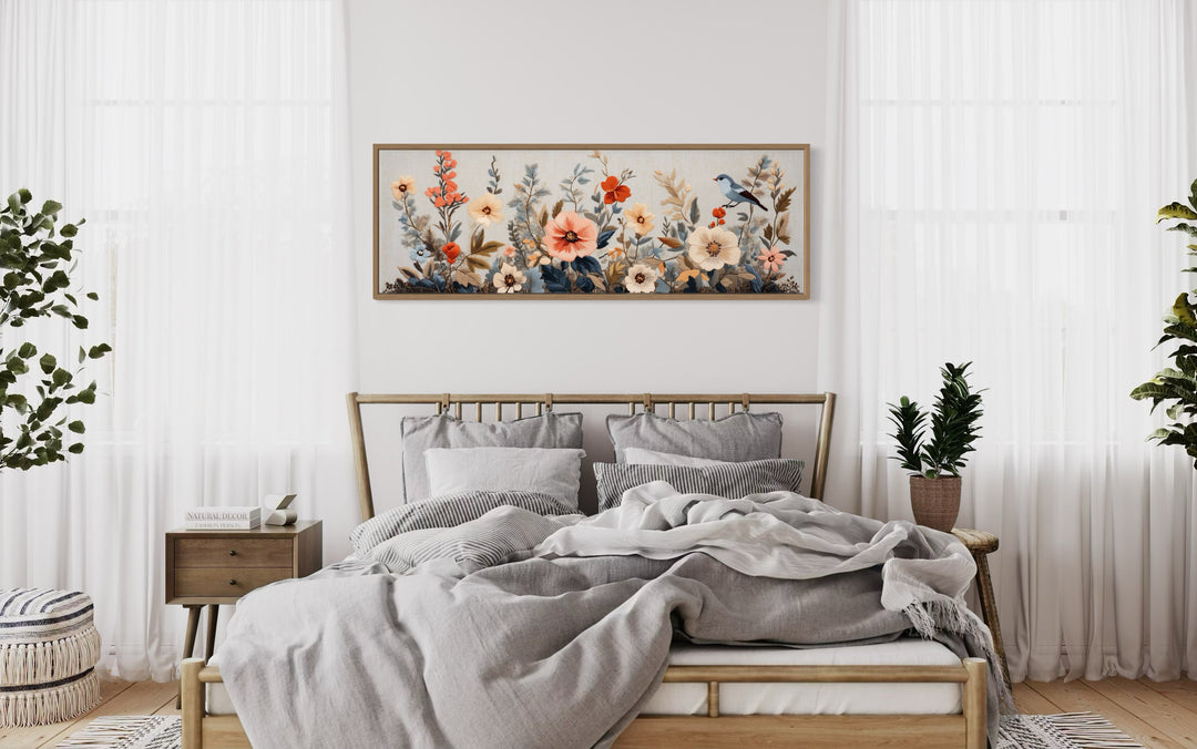 Floral Bouquet with Bird Panoramic Framed Tapestry Canvas Wall Art above wooden bed