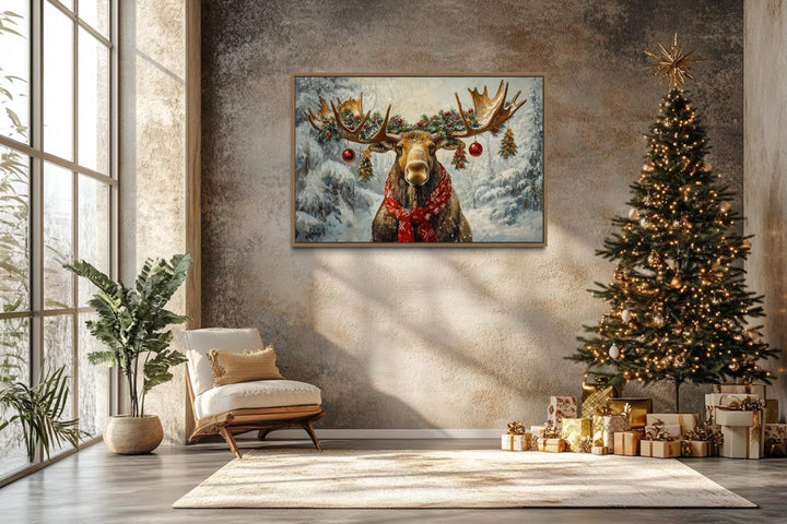Christmas Moose With Red Scarf And Ornaments Canvas Wall Art