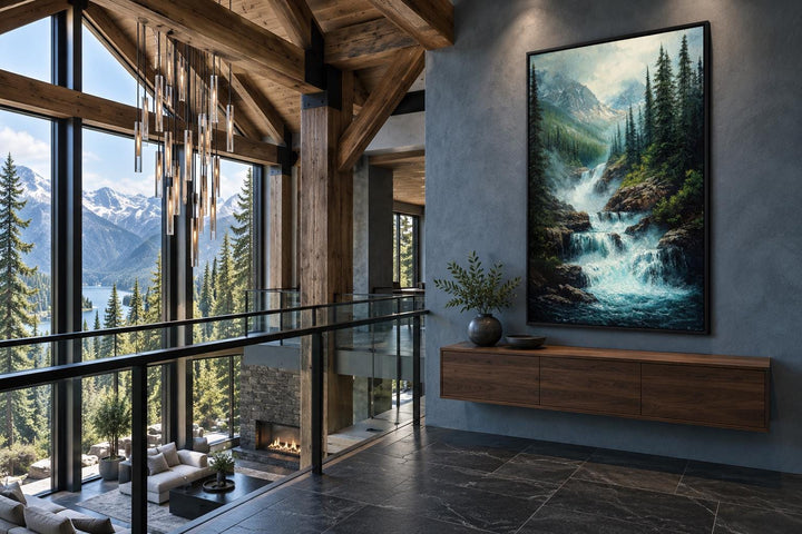 Vertical canvas wall art featuring a painterly mountain waterfall landscape in a dark wood frame.