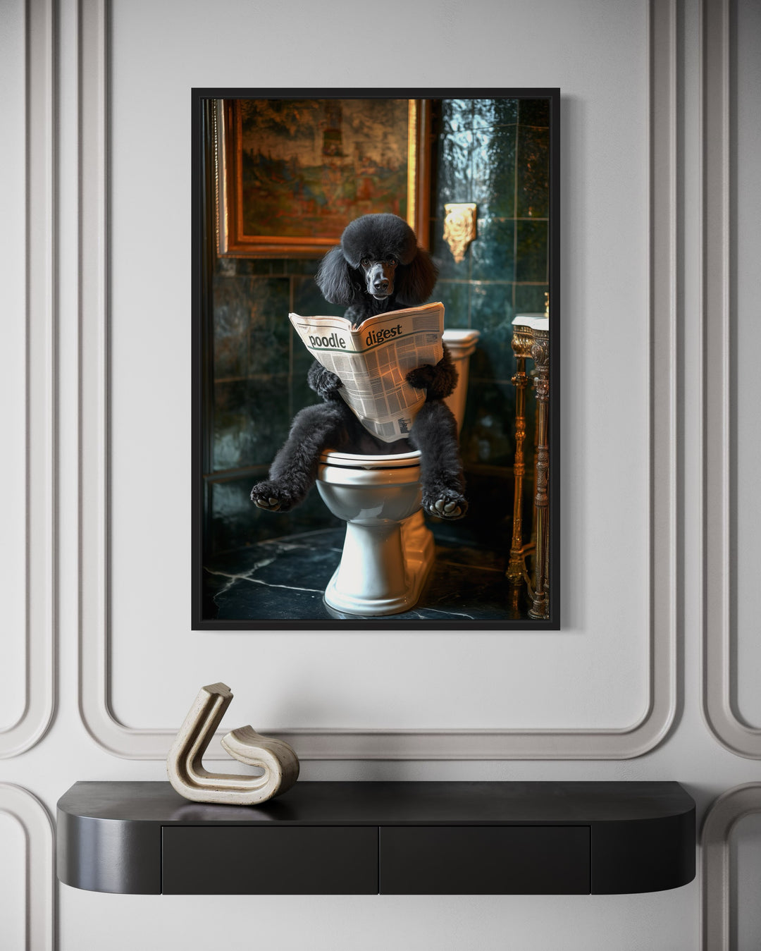 Black Medium Poodle On Toilet Reading Newspaper Picture