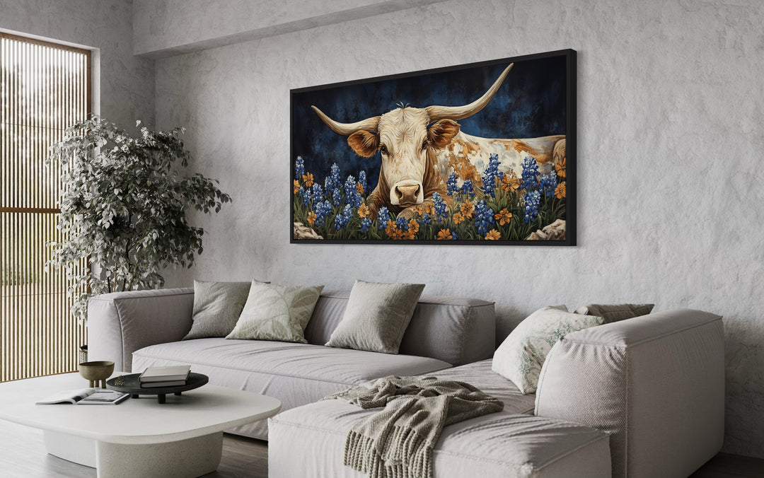 Rustic Texas Longhorn Cow In Bluebonnets Field Framed Canvas Wall Art above grey couch