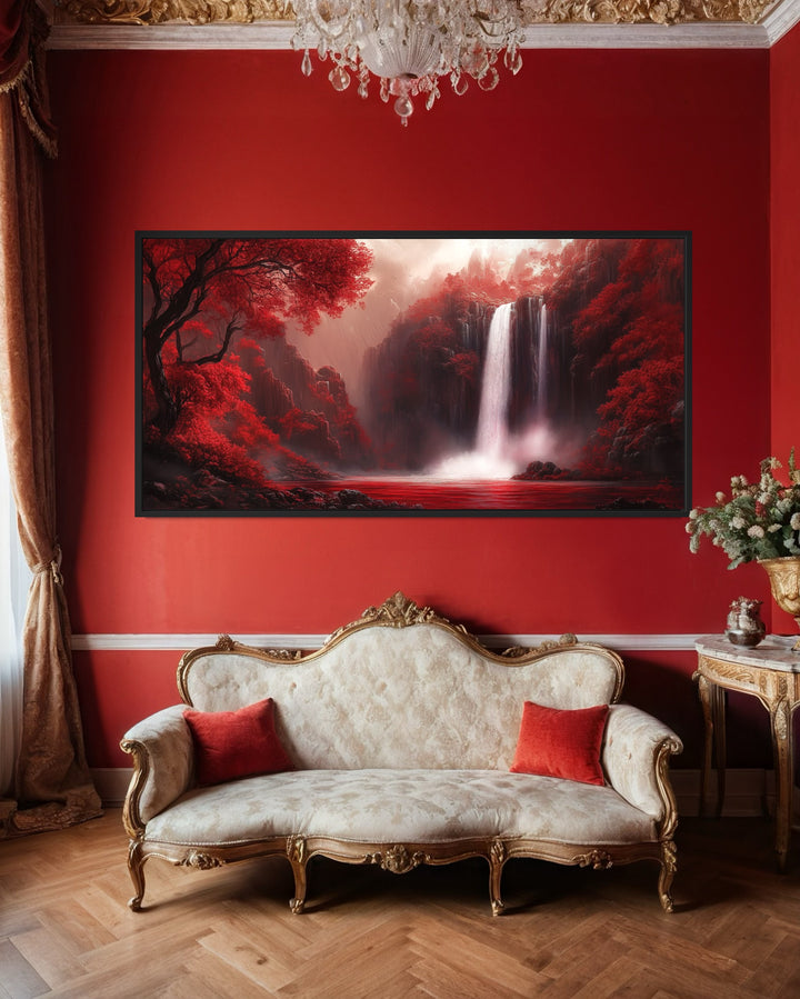 Red Waterfall Framed Canvas Wall Art in a living room with a couch