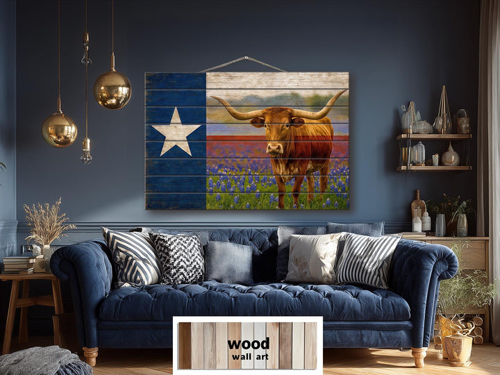 Texas Flag, Bluebonnets and Longhorn Mashup Distressed Wood Wall Art