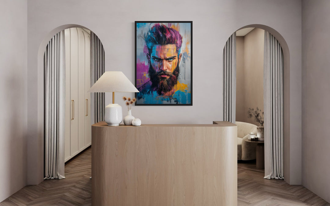 Man With Colorful Hair And Beard Framed Canvas Wall Art above a counter in barbershop