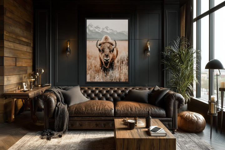 Sepia Bison Canvas Art – Rustic Buffalo Wall Art for Western Farmhouse Decor