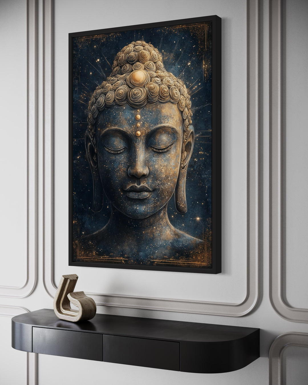 Navy Blue Buddha Statue Zen Cosmic Framed Canvas Wall Art side view