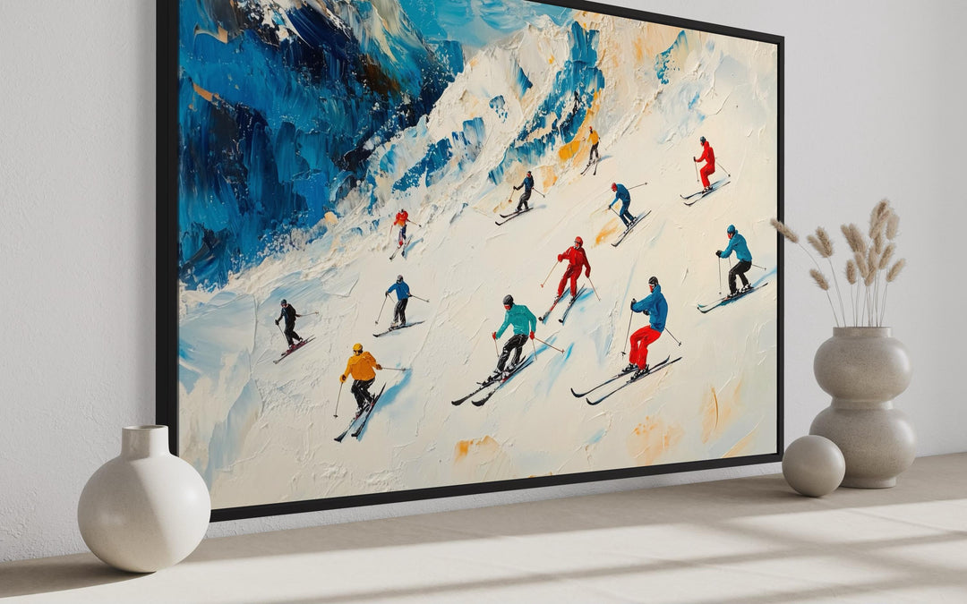 Colorful Skiers on Mountain Slope Framed Canvas Wall Art