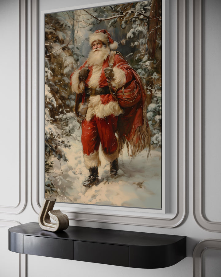 Santa In The Forest With Bag Of Gifts Framed Canvas Wall Art side view