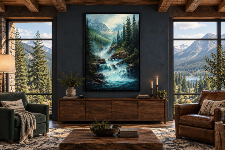 Vertical canvas wall art of a majestic mountain waterfall surrounded by pine trees and peaks.