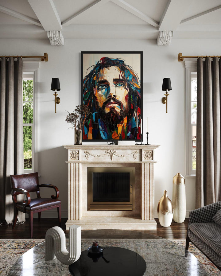 Modern Jesus Canvas Art – Abstract Colorful Christian Wall Decor with Floating Frame