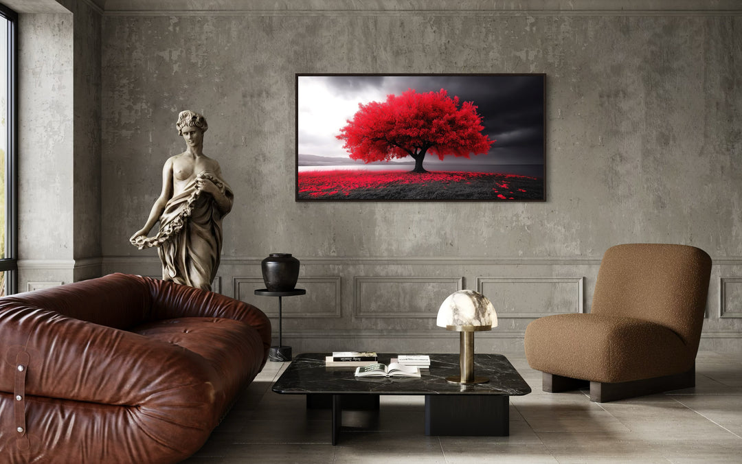 Red Tree on Black White Background Framed Canvas Wall Art