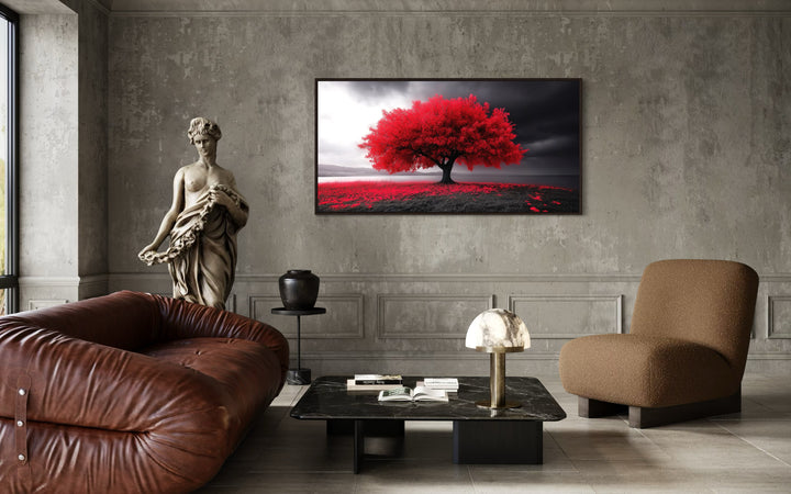 Red Tree on Black White Background Framed Canvas Wall Art