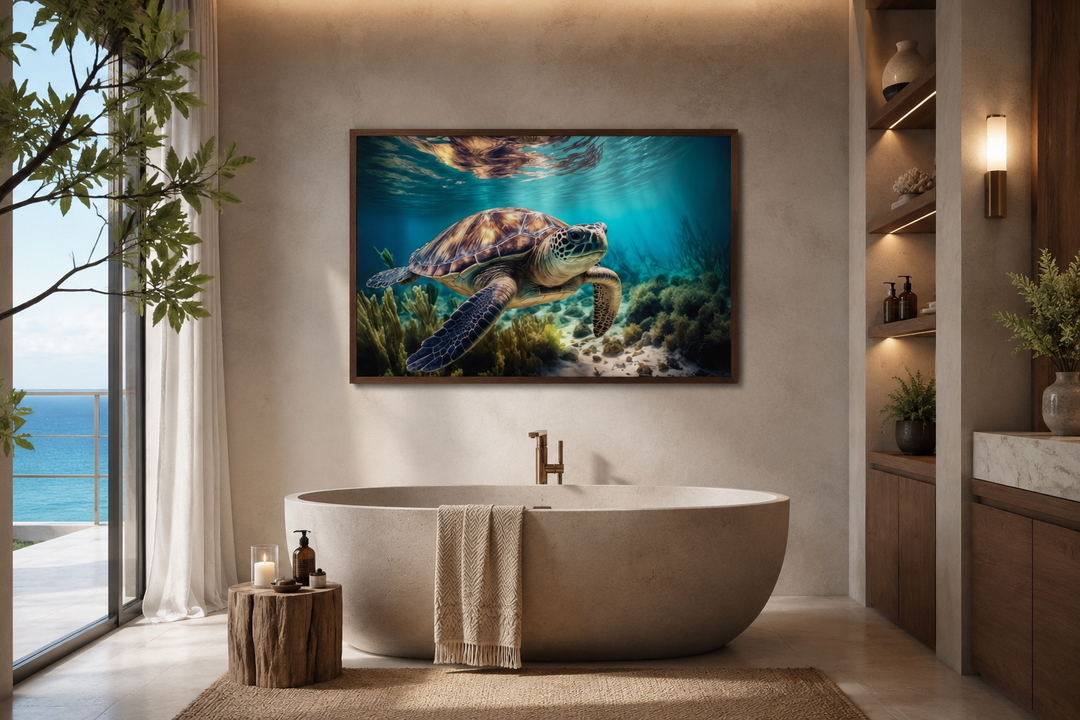 Sea turtle in coral reef underwater canvas wall art hanging above a modern bathtub.