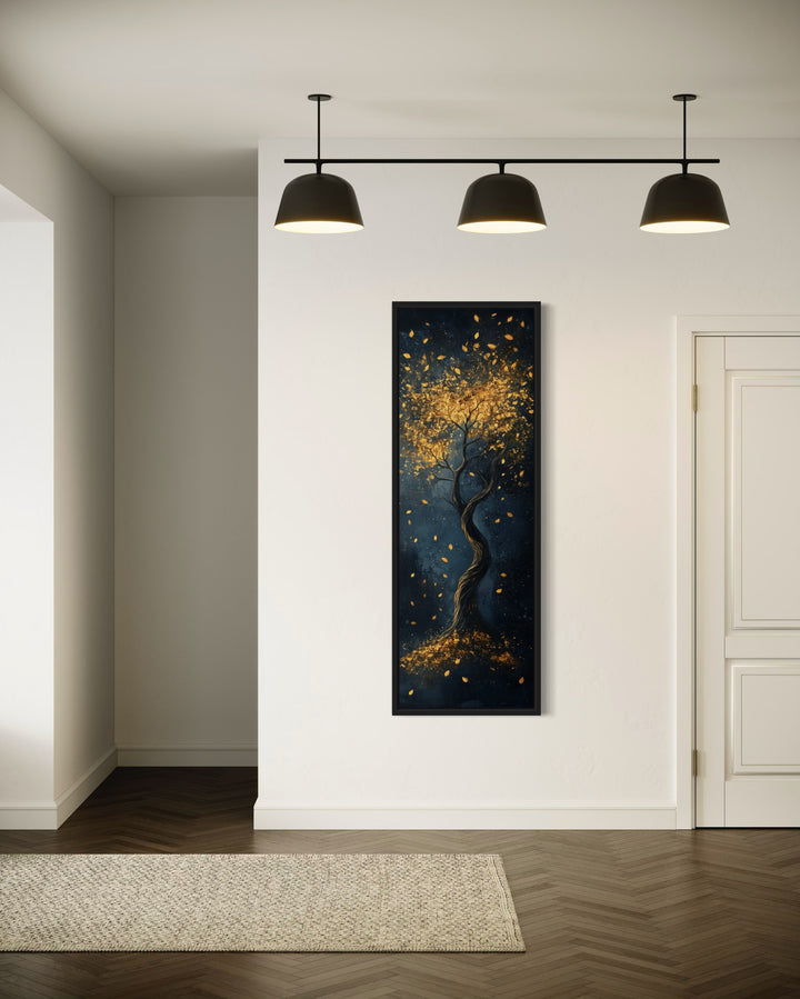 Enchanted Golden Tree On Navy Background Vertical Narrow Wall Art in the hallway