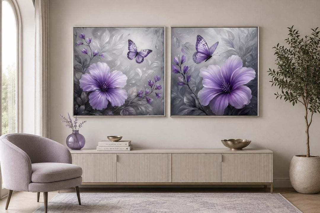 Set of 2 purple hibiscus flower paintings with butterflies on a moody gray floral background.