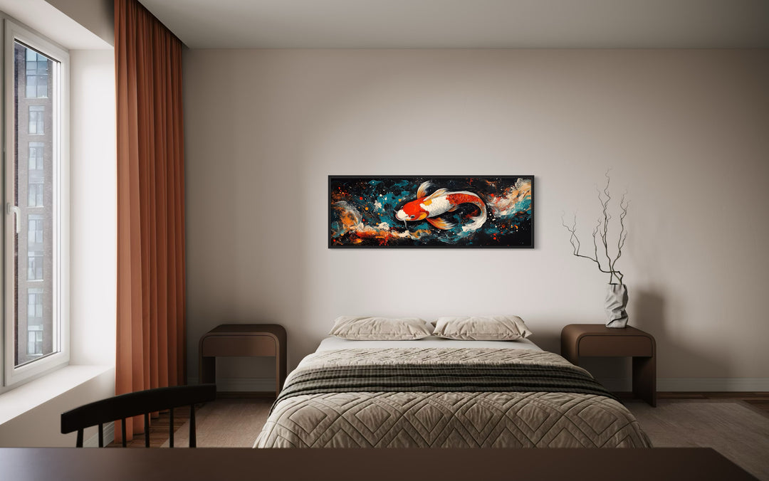 a bedroom with a bed and a painting on the wallVibrant Japanese Koi Canvas Print Zen Inspired Over Bed Wall Decor above bed