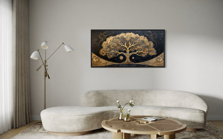 Golden Tree of Life on Black Background Canvas Wall Art above beige couch