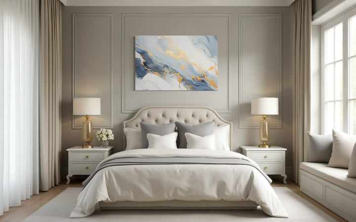 Pale Blue Grey Gold Abstract Marble Canvas Wall Art For Bedroom Or Living Room