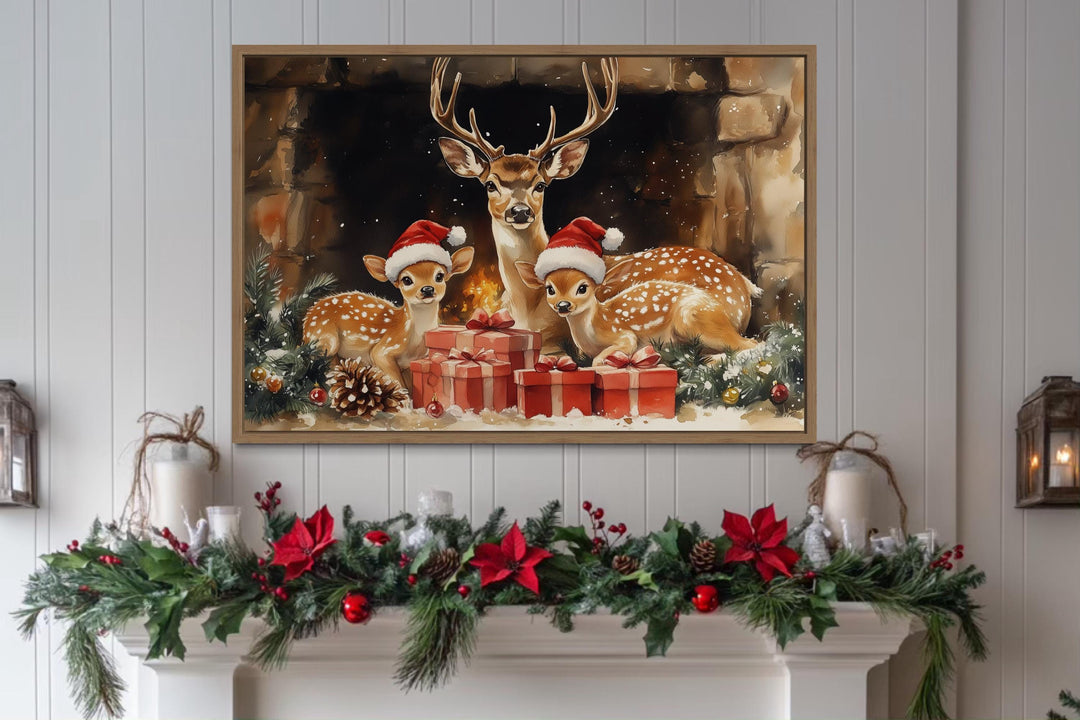 Christmas Deer With Santa Hats and Gifts Canvas Wall Art