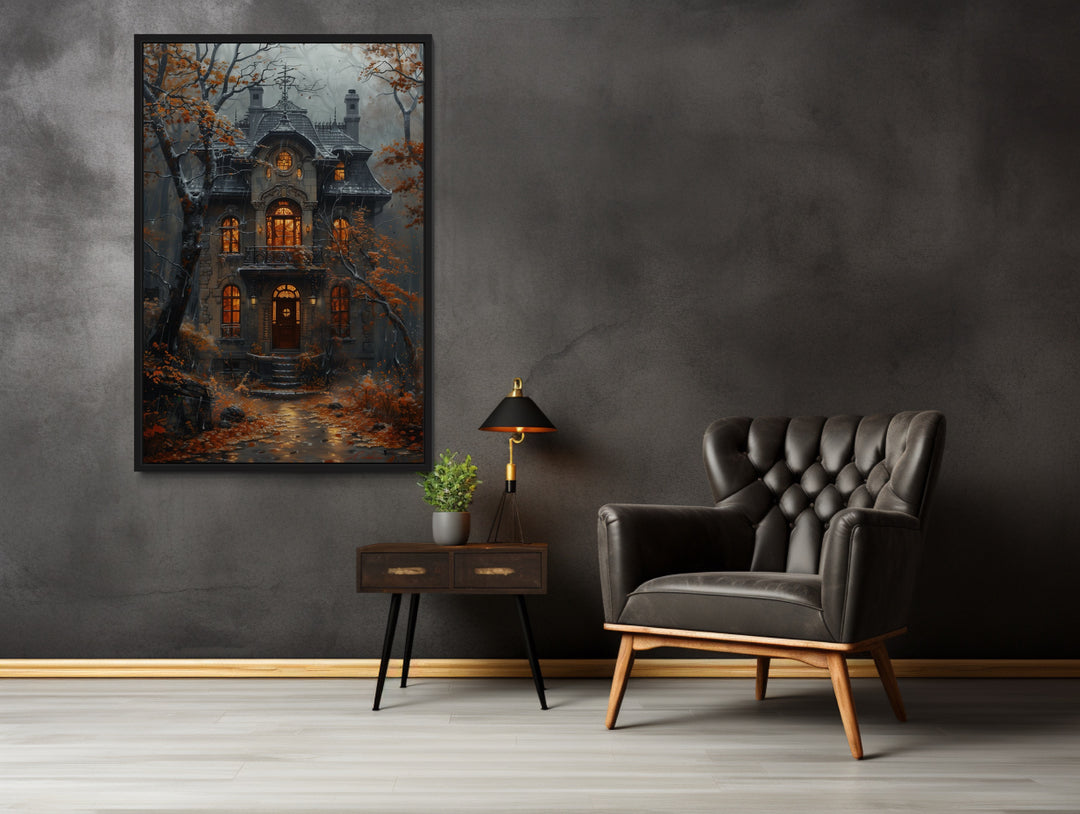 Moody Victorian House In Autumn under Rain Framed Canvas Wall Art in a room with a chair