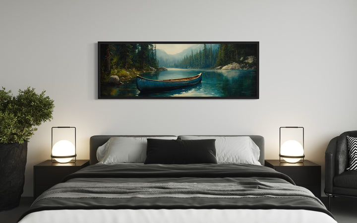 Rustic Blue Canoe In The Lake Framed Canvas Wall Art above bed