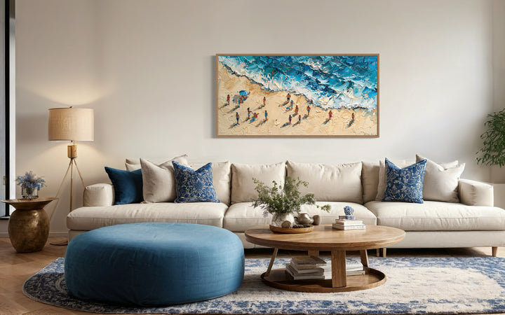 Beach Scene Vibrant Impressionist Coastal Painting with Figures in a living room filled with furniture