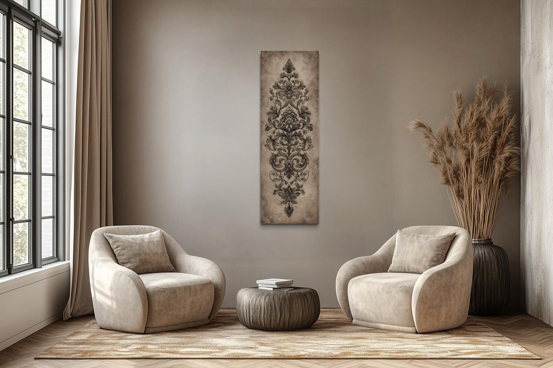 Vertical tall narrow canvas wall art featuring an antique French ornamental damask design.