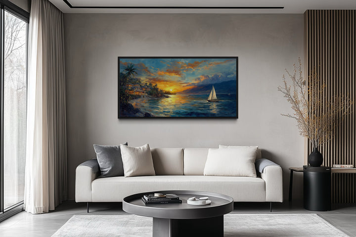 Jamaican Sunset Beach With Sailboat Framed Canvas Wall Art