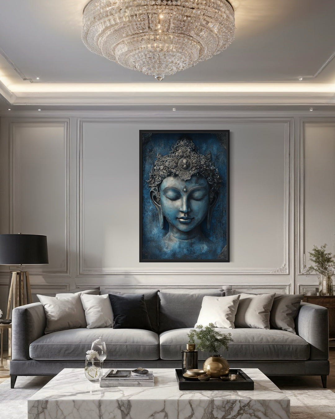 Serene Blue Buddha Painting Framed Canvas Wall Art in a living room with a couch and a table