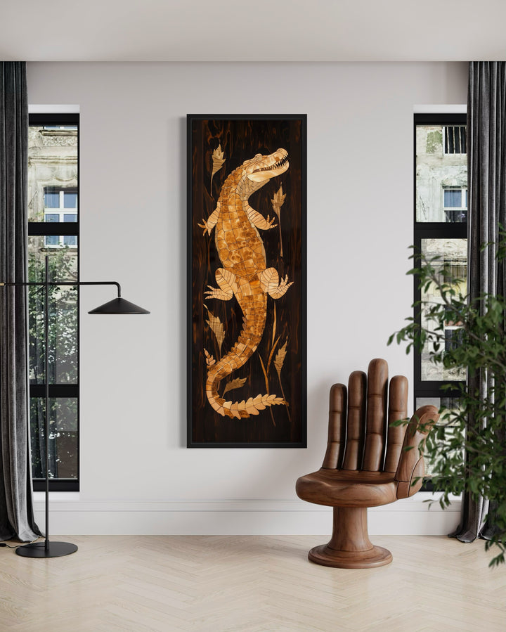 Tall Narrow Vertical Wooden Alligator Framed Canvas Wall Art in living room with chair