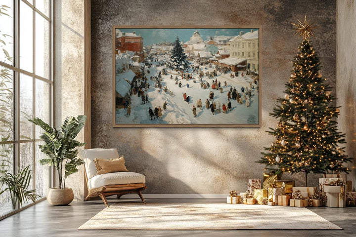 Antique Winter Village Christmas Market Scene Canvas Wall Art