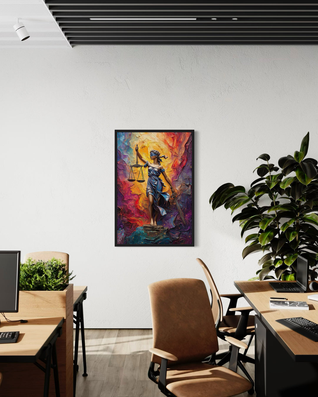 Lady Justice Colorful Abstract Wall Art - Vibrant Legal Themed Canvas Print in law office above a desk