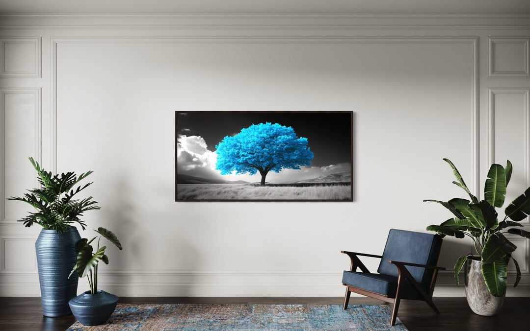 Blue Tree on Black White Background Framed Canvas Wall Art in living room