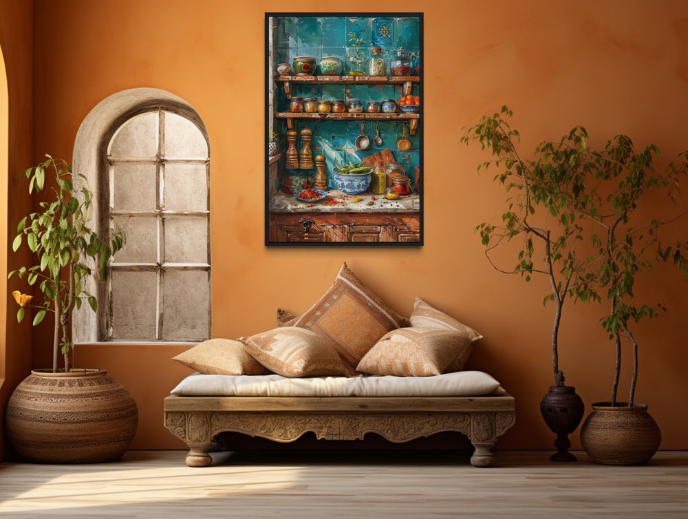 Indian Kitchen Wall Art Traditional Utensils Painting Framed Canvas in a room with a couch, potted plant and a window