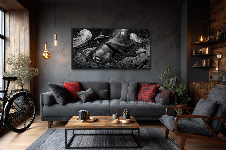 Black and White Underwater Ocean Scene Canvas Wall Art – Whale, Jellyfish, Sea Turtle, Coral Reef