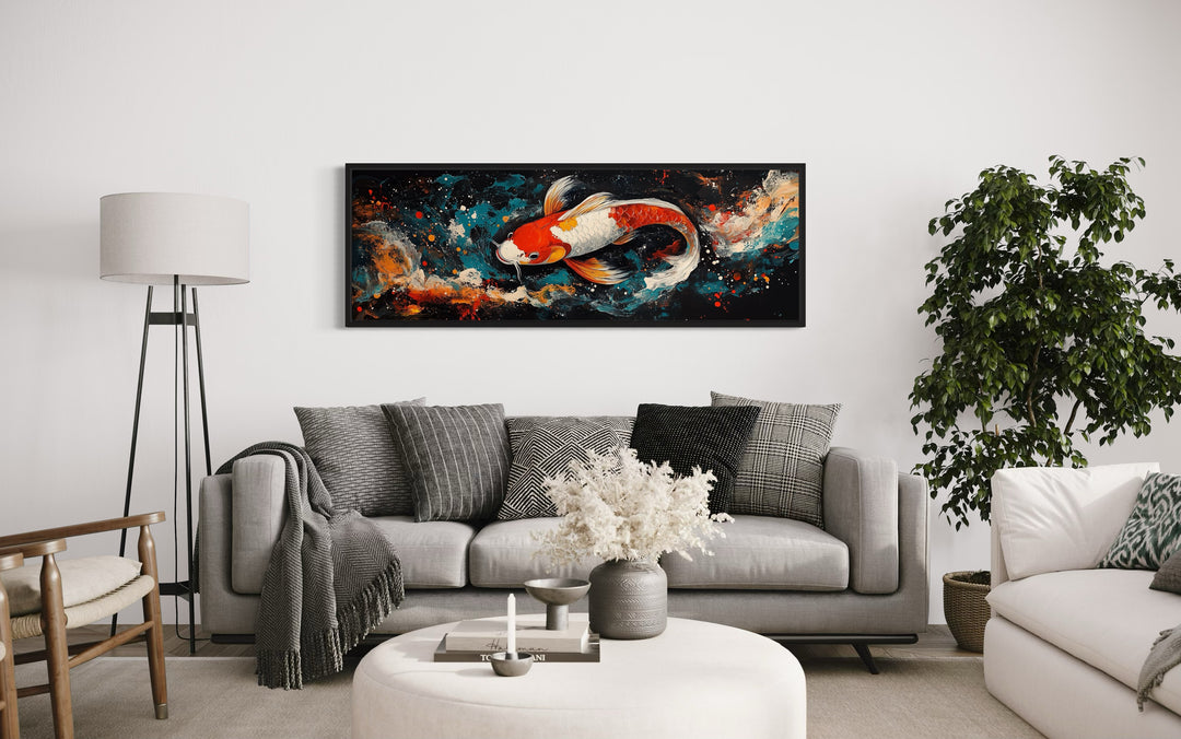 Vibrant Japanese Koi Canvas Print Zen Inspired Over Bed Wall Decor in a living room filled with furniture