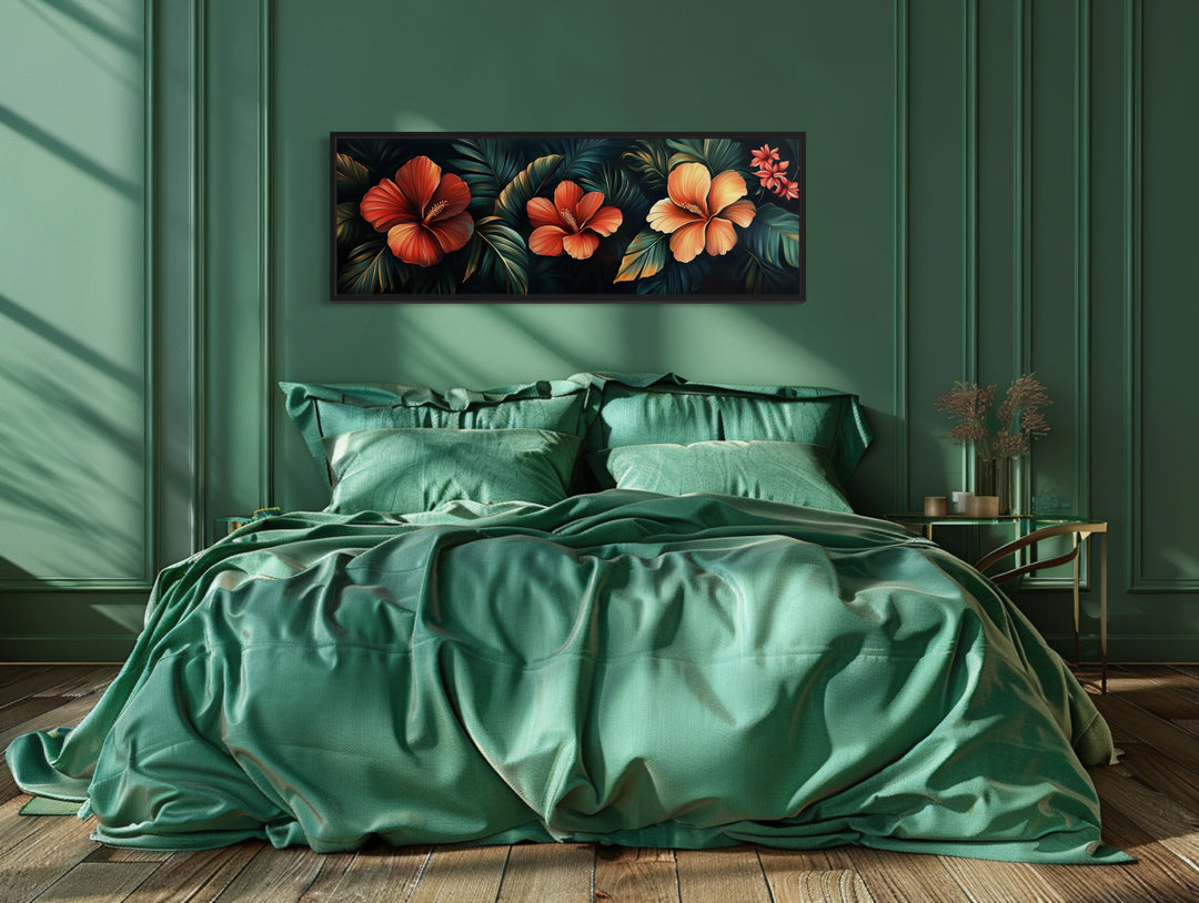 Long Narrow Tropical Flowers Framed Canvas Wall Art Above a bed with a green comforter