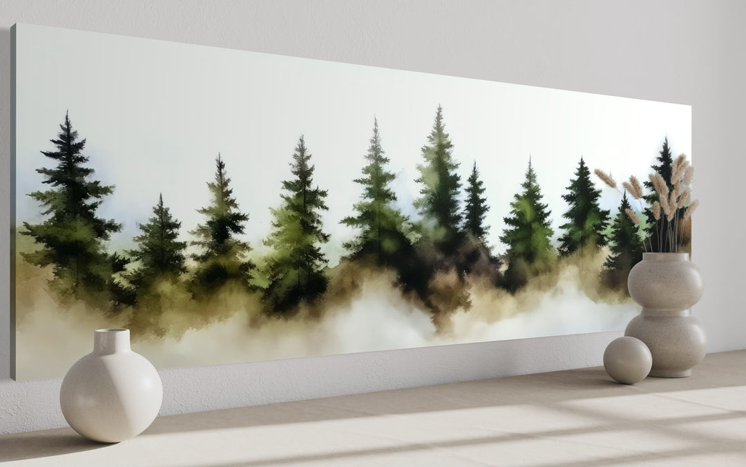 Foggy Green Pine Trees Forest Horizontal Above Bed Wall Art side view