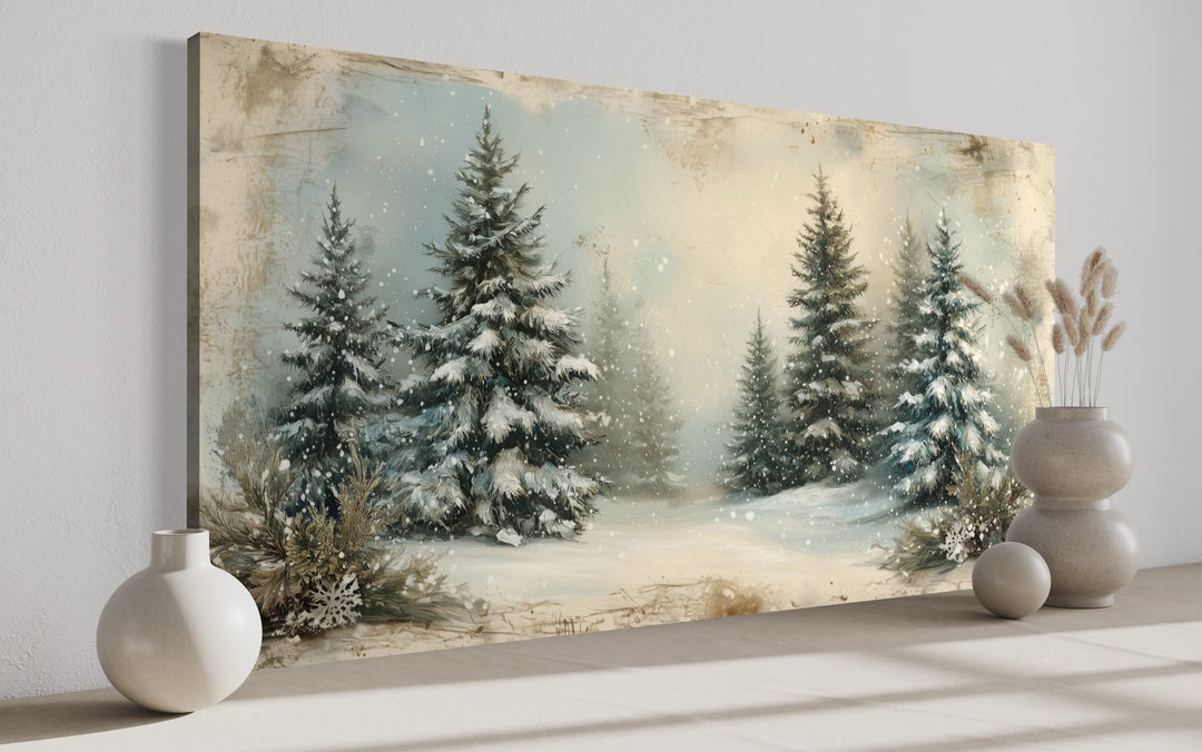 a painting of a winter scene with snow covered trees