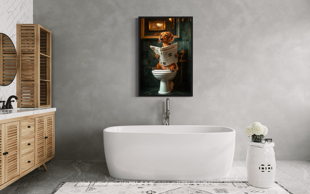 Red Dachshund On The Toilet Reading Newspaper canvas wall art in the bathroom