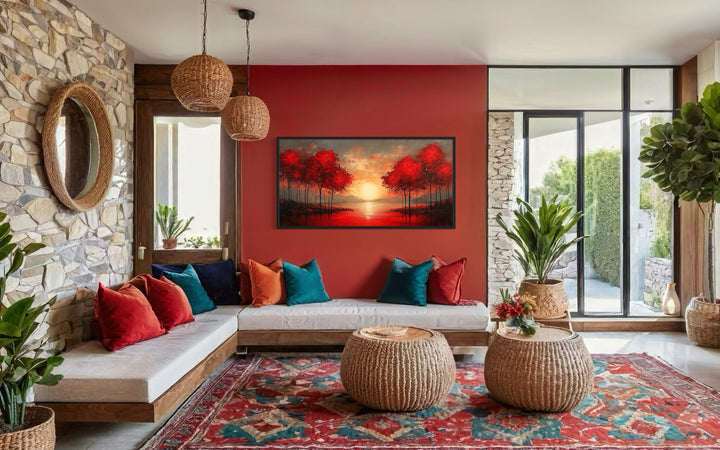 Red Trees At Sunrise Framed Canvas Wall Art For Red Walls in a red living room filled with furniture