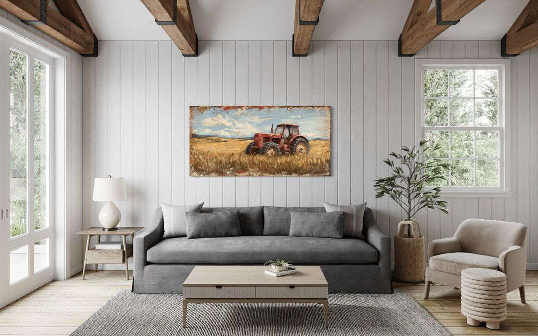 Vintage Old Red Tractor In The Wheat Field Rustic Canvas Wall Art in rustic living room