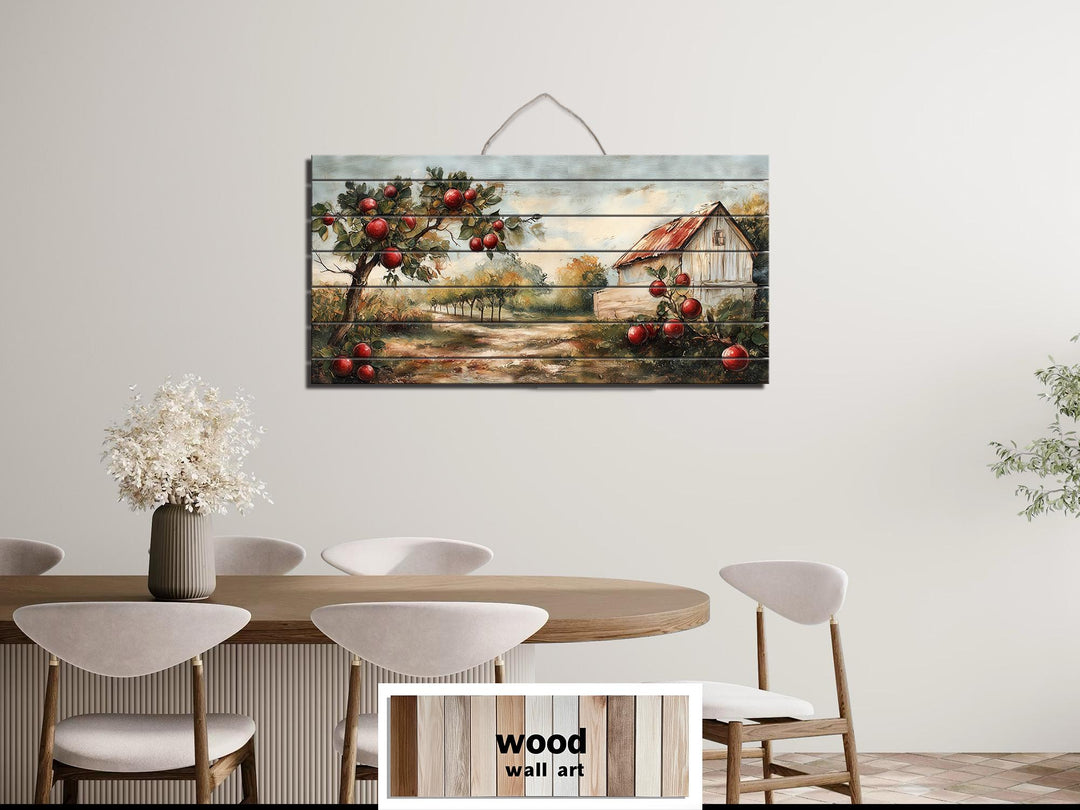 Rustic Apple Orchard With Barn Distressed Wood Dining Room Wall Art