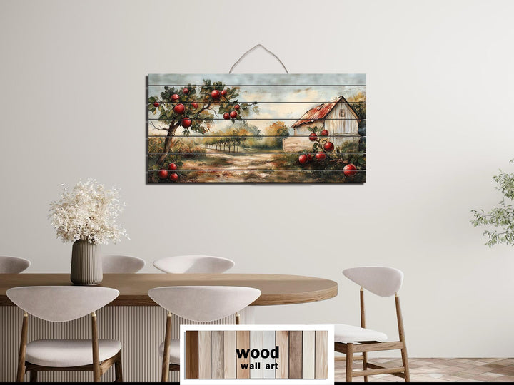 Rustic Apple Orchard With Barn Distressed Wood Dining Room Wall Art